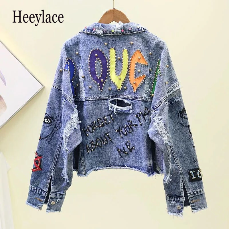 Greatest Street Denim Jacket for Women 2019 Autumn New Graffiti Cowboy Short Coat Female Personality Hole Ri