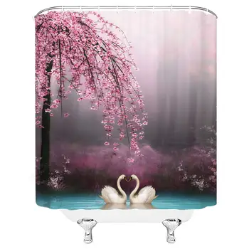

Flower Shower Curtain Sets Swan Couple Romantic Love Cloth Fabric Polyester Bathroom Decoration 70×70 Inch with Hook Hole