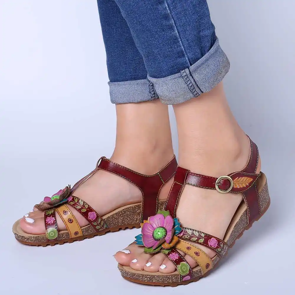 Женское сандалии ручной работы цветочный ретро-Рисунок, натуральная кожа, удобные в носке крючок листок петля сандалии элегантная обувь Для женщин