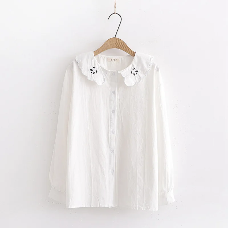 

Long sleeved shirt woman preppy style peter pan collar top loose lovely embroidery blouse white shirts