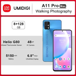 UMIDIGI – Smartphone A11 Pro Max, Version globale, écran 6.8 pouces FHD +, 8 go 128 go, Helio G80, Triple caméra AI 48mp, 5150mAh 