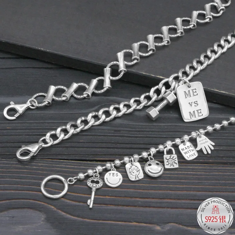 

S925 Fine Silver Small Hangtag Bracelets Smiley Women's Dumbbell Men Simple Street Fashion Cool Retro Rock And Roll Punk Style M