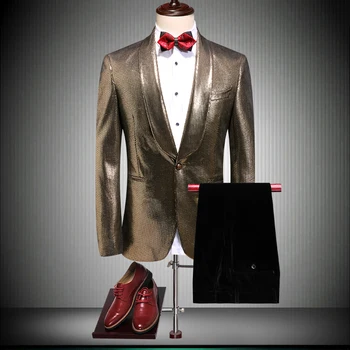 

Kowaun Men Suits for Wedding British Wind Golden Bronzing Process Golden Velvet Mens Slim Fit Suit Banquet Company Holiday Suit