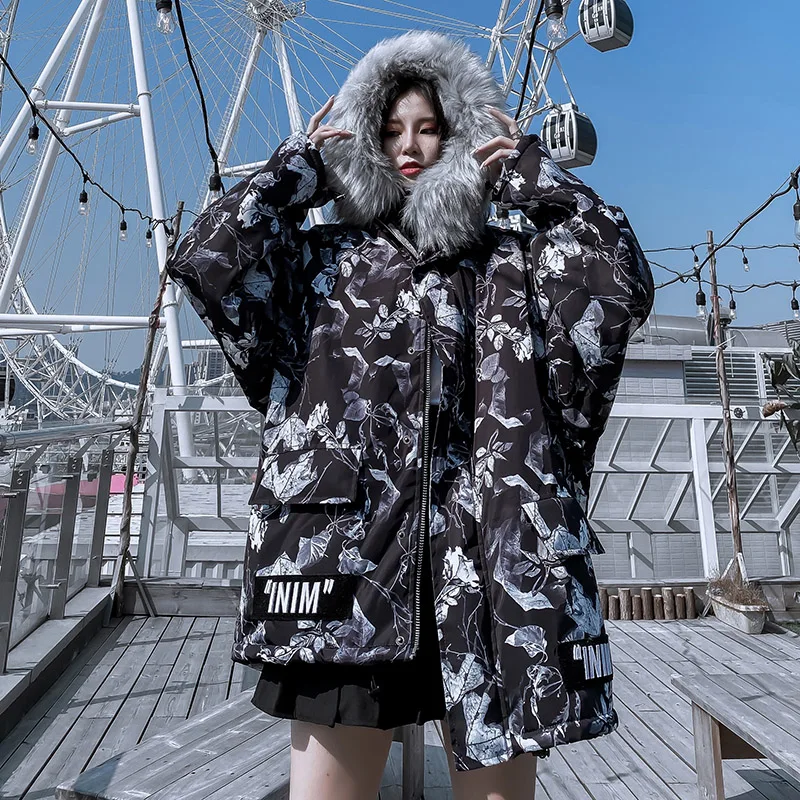 Winter Thicken Hooded Jacket Coat Fur Collar Hip Hop Warm Couple Leaves Camouflage Versatile Men Windbreaker Brand Design