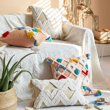 

Tassel Throw Cushion Cover Moroccan Cotton Canvas Tufted Geometric Pillow Cover Couch Sofa Bed Decorative Pillowcase Decor Home