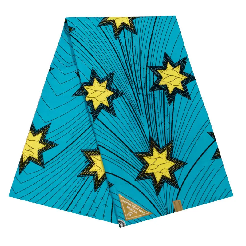 

2019 Latest Arrivals New African Dutch Wax High Quality Pagnes Real Dutch Wax Yellow Stars Printed Blue Fabric