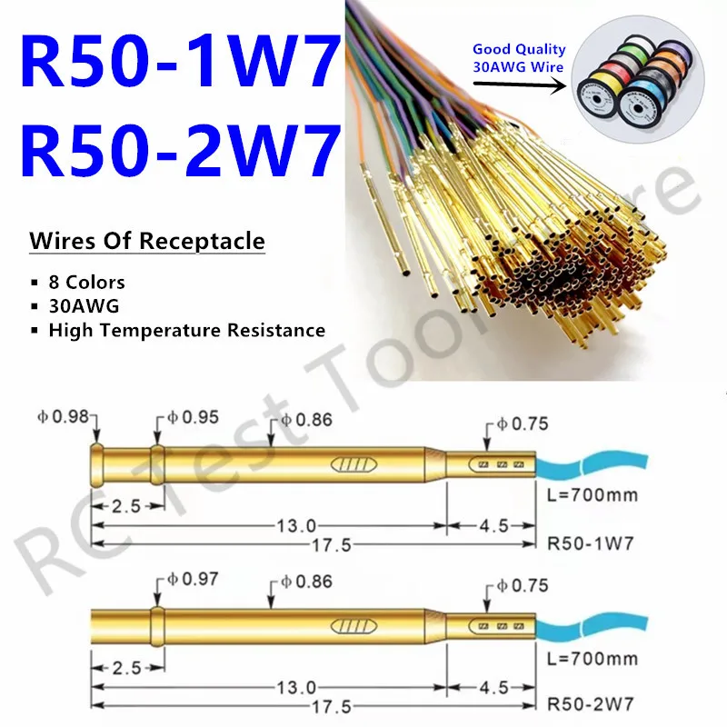 Tomada R502w7 Comprimento da Sonda de Teste Primavera 17.5 Milímetros Pino Pogo Receptáculo Pcb Nua Fio Pré-wired 30awg Fio Resistente a Altas Temperaturas