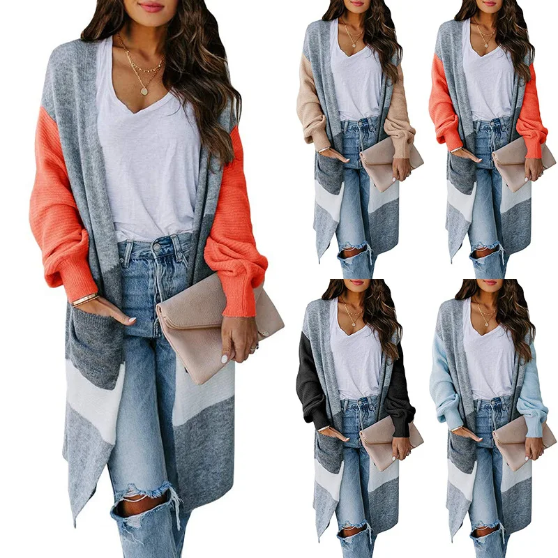 

2020 Autumn and Winter Irregular Color Matching Knitted Cardigan Long Lantern Sleeve Contrast Color Cardigan Sweater Women