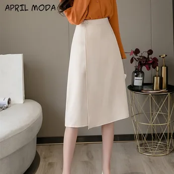 

2020 Fashion New Spring Summer Work Wear Women Midi Skirts Front Cross Korean OL Style High Waist Button A-Line Skirts Female