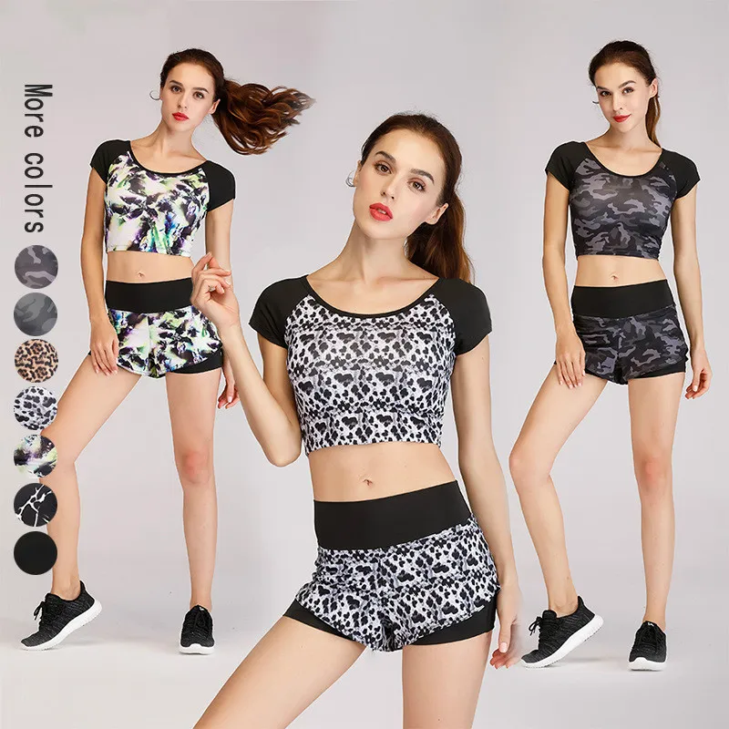 Pinging спортивный костюм для женщин Midriff-baring быстросохнущая Йога набор тонкий Леопардовый камуфляж фитнес-зал одежда спортивная одежда