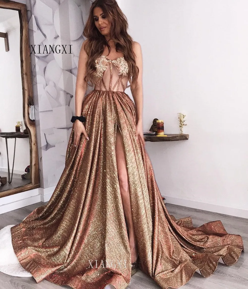 Vestidos Золотое вечернее платье Длинные вечерние платья милые кружевные аппликации Формальные Вечерние платья robe de soiree