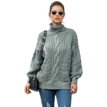 

Fashion Women Sweater Cotton Blend Casual Street Loose Autumn Winter Outwear Kintting Long Sleeves Twisted Soft Turtle Neck