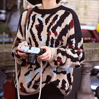 

EFINNY Patchwork Leopard Print Bandage Sweater Tops Women Loose Long Sleeve Clothes Fashion 2019