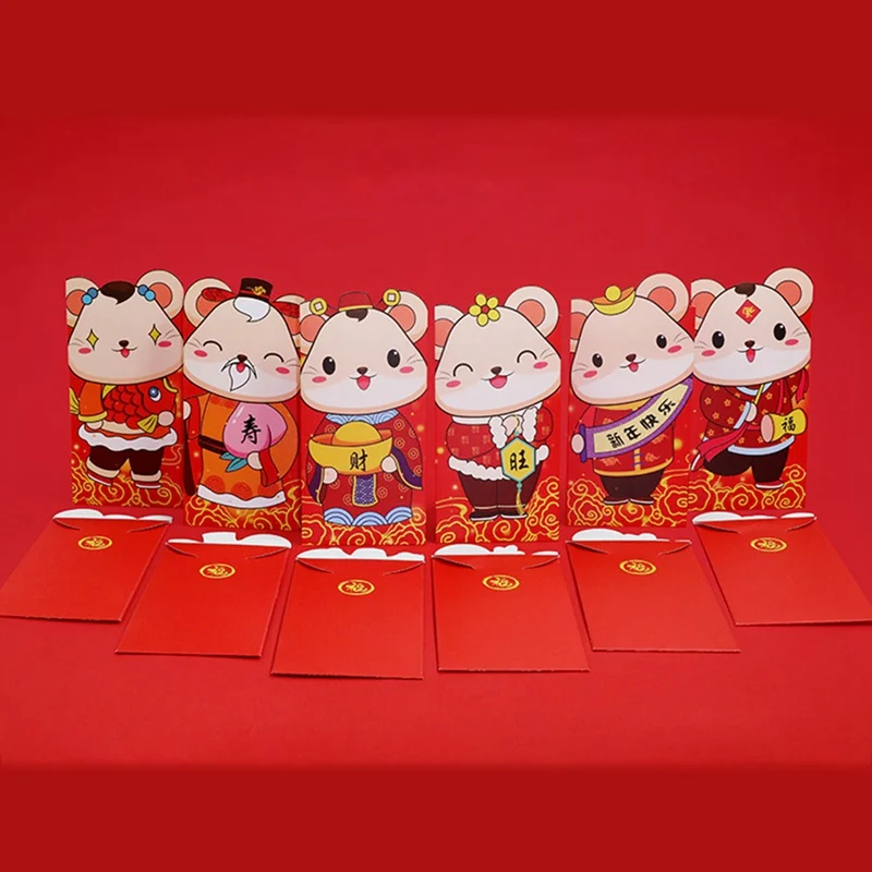 6 шт./партия) красные конверты с изображением из мультфильма Lucky Cat с изображением новогодних денег