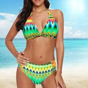 

Womens Plus Size 8XL Swimwear Boho Rainbow Wavy Stripes Print 2 Piece Bikini Set Y1QE