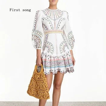 

First song Women's Skinny Hollow Embroidered Lace Sexy Dress 2020New Summer Round Neck Long Sleeve Retro Elegant Women's Dress