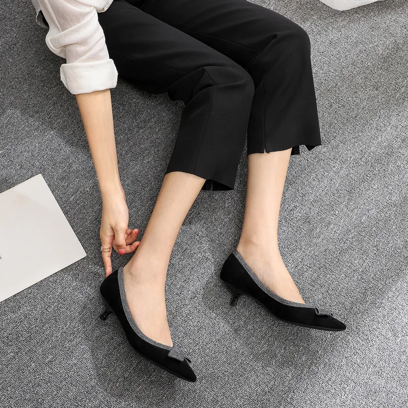 Designer Women Pumps Flock Slip On 3.5CM Thin High Heels Pointed Toe Shallow zapatos de mujer heels women size 35-42 black