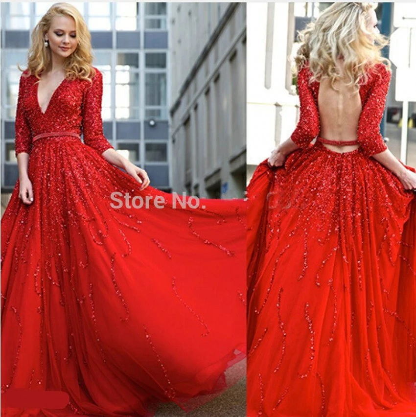 elegant luxury red backless evening dress 3/4 sleeves low v neck crystal beaded women pageant gown for formal prom party