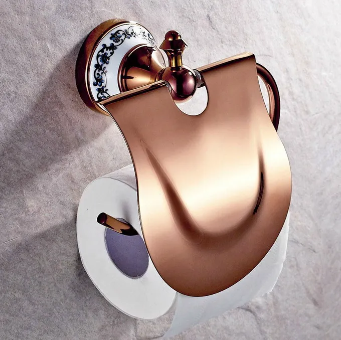 

Rose Gold Brass Ceramic Base Wall Mounted Bathroom Hardware Accessories Toilet Paper Roll Holder Dba385