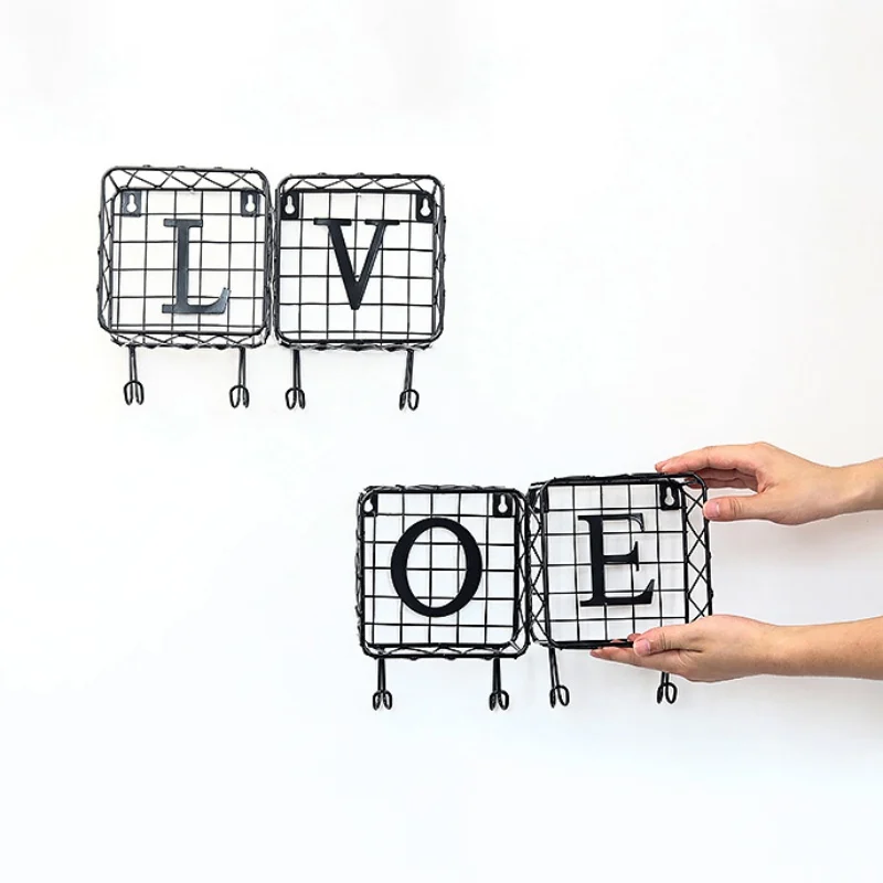 

Wrought Iron Storage Racks Wall Shelf With Hooks Wall-Mounted Grid Storage Holder Letter Multi-Function Wall Decorative Shelf