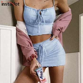 

InstaHot Wrap Ruched Sexy Women 2 Pieces Set Spaghetti Strap Cami and Mini Skirt Elastic Waist Lace Up Lady Summer 2 Pieces Set