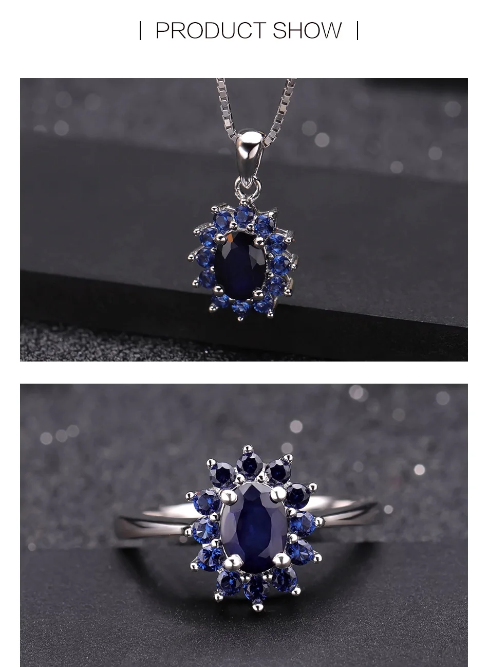 GEM'S балетный 925 пробы, Серебряный набор украшений для женщин, Классическая принцесса Диана, натуральный синий сапфир, кулон, серьги, набор колец