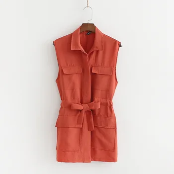

Women Stylish Solid Sleeveless Vests Jacket Pockets Decorate Sashes WaistCoat Female Casual Safari Style Outerwear