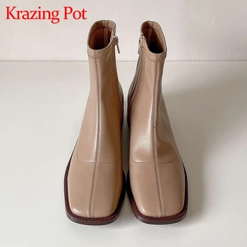 

Krazing pot 2020 winter hot sale shoes women keep warm square toe med heel zip Korean street pretty girls basic ankle boots L06