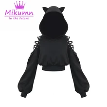 Harajuku толстовка женская панк готика толстовки осень зима плюс бархат выдалбливают на шнуровке с длинным рукавом толстовки с милыми кошачьими ушками