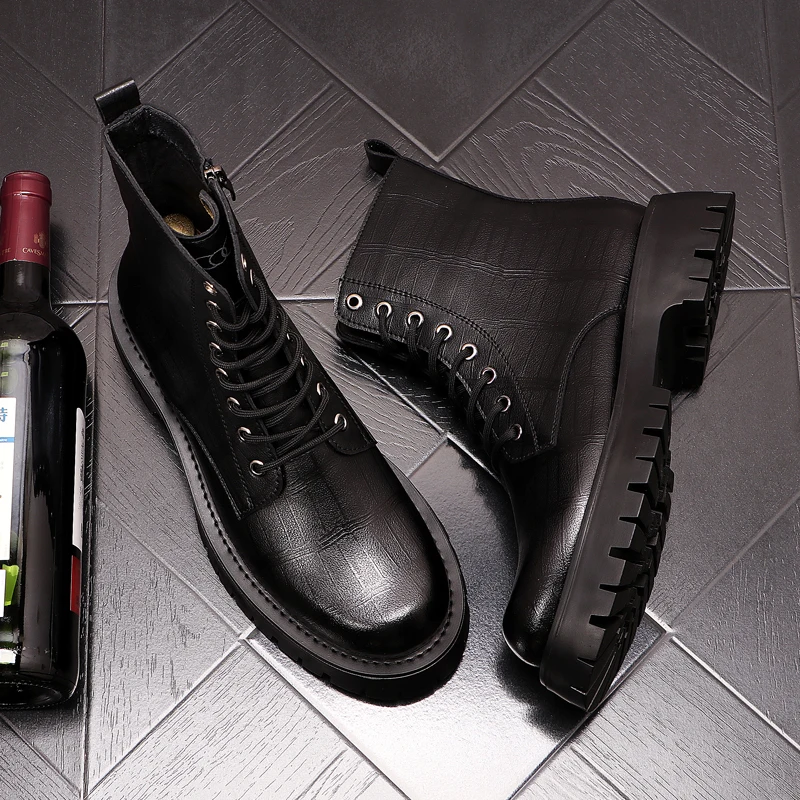 

England style mens leisure punk nightclub dress genuine leather boots black tide platform shoes cowboy boot high top botas male