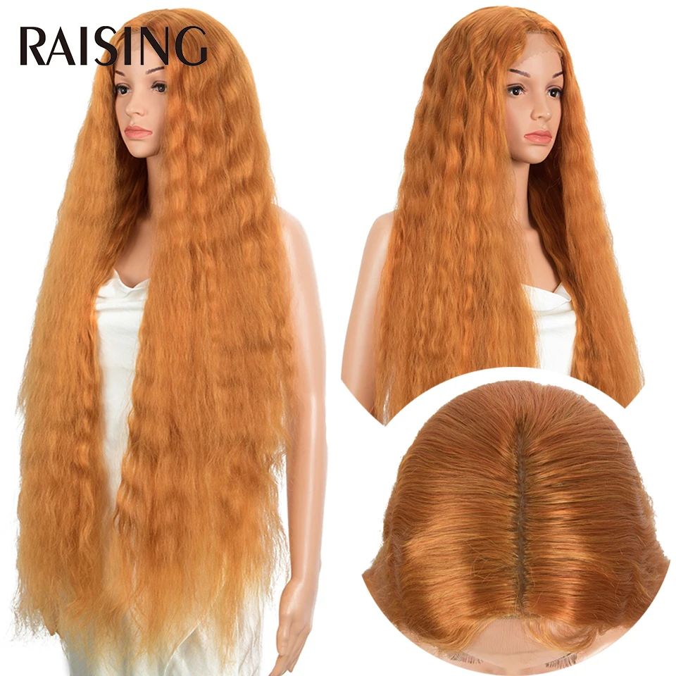 Raising Wholesale Deep Wave Lace Wig Synthetic Curly Hair Scalp Wigs For Black Women Ombre Cheap Long Hair Wigs Pre-plucked 40in