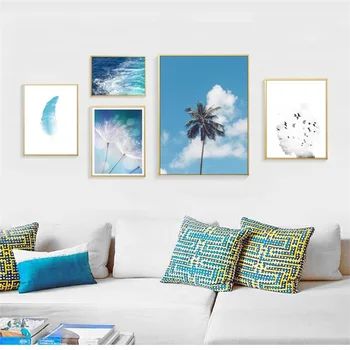 

Modern Blue Sea Sky Posters And Prints Feather Dandelion Plants Canvas Painting Wall Art Picture For Living Room Home Decoration