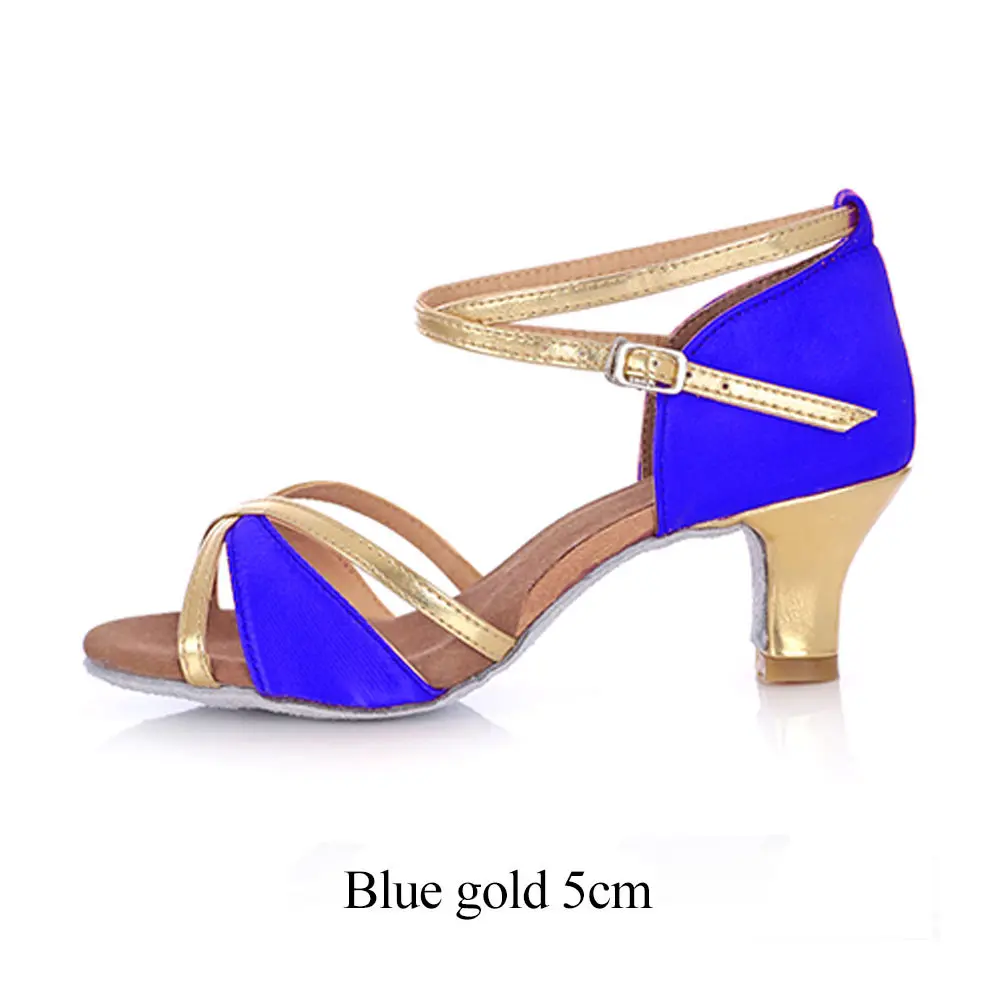 Biue 5cm heel Женская танцевальная обувь для бальных танцев, женская танцевальная обувь для латинских танцев, сальсы, золотого цвета, 5 см/7 см, обувь для латинских танцев, женские сандалии, размеры 34-41 - Цвет: Biue 5cm heel