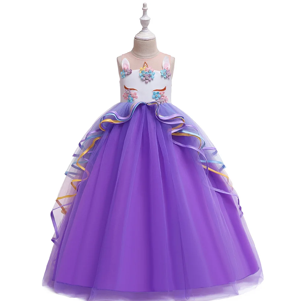 Детское платье в европейском и американском AliExpress длинное торжественное платье с единорогом газовое пышное платье принцессы для представления, платье для девочек
