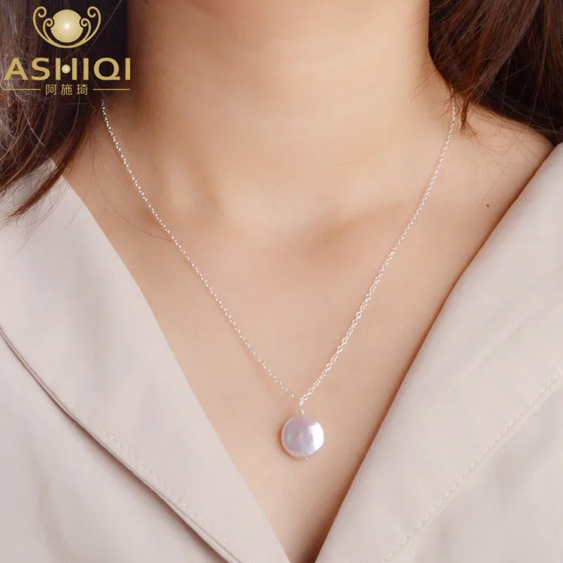 

ASHIQI Natural pearl coin necklace 925 Sterling Silver Jewelry 12-13mm Button Freshwater Pearl Pendant fashion