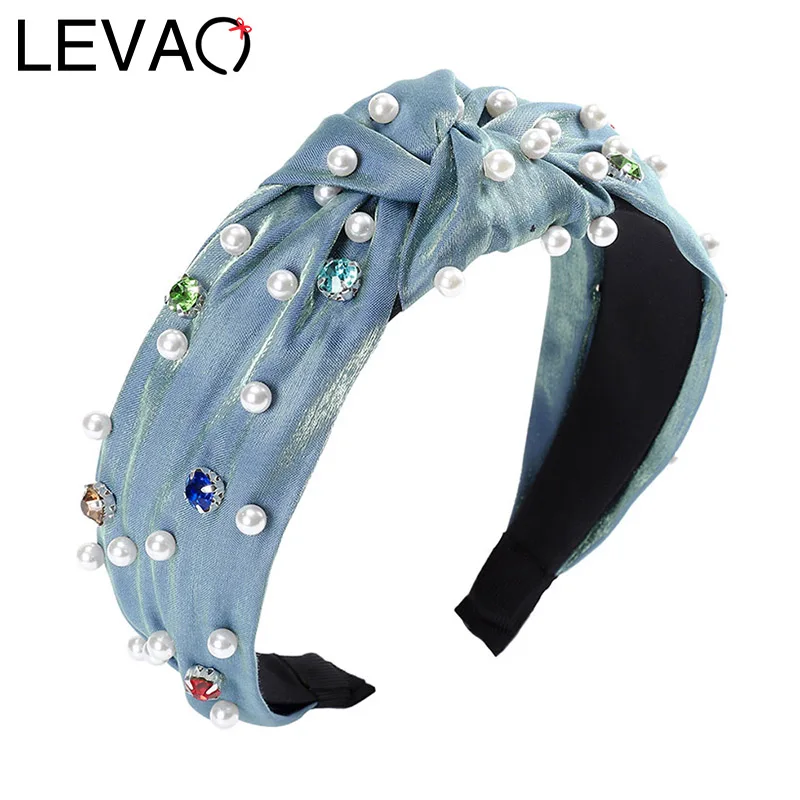 LEVAO Rhinestone Pearl Knotted Hairband Cloth Headband Bezel Turban Women Vintage Lady Girls Hair Accessories Headwear Head Hoop