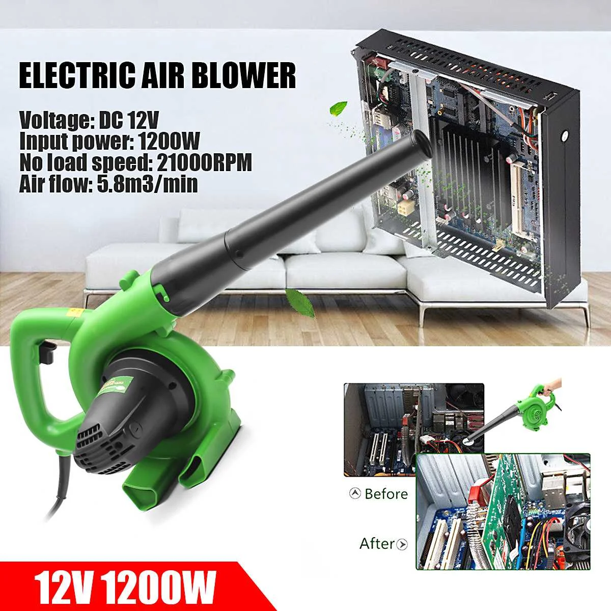 

12V 1200W Portable Electric Blower Handheld Garden Leaf Collector Car Computer Cleaner Dust Collector
