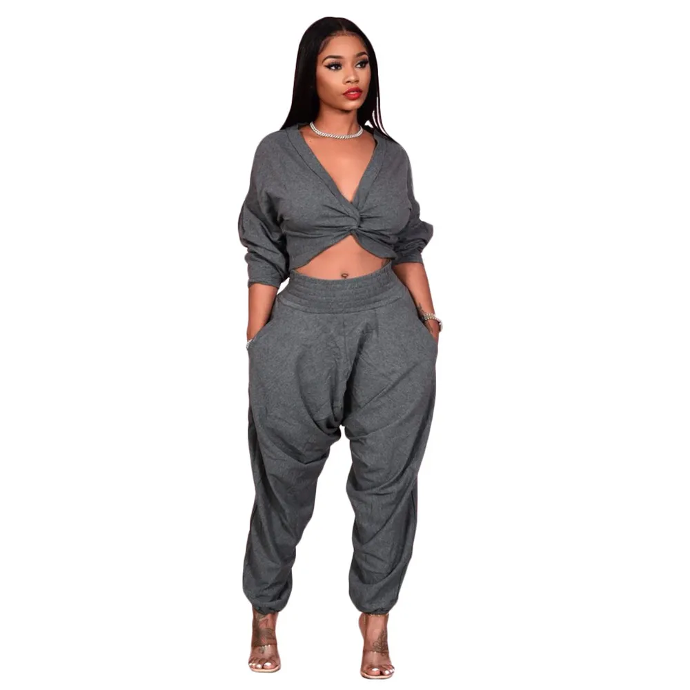 

Casual Women Tracksuits Two Pieces Set Draped V-neck Crop Top Long Pants 2 Piece Outfits Sports Suit Streetwear Matching Sets