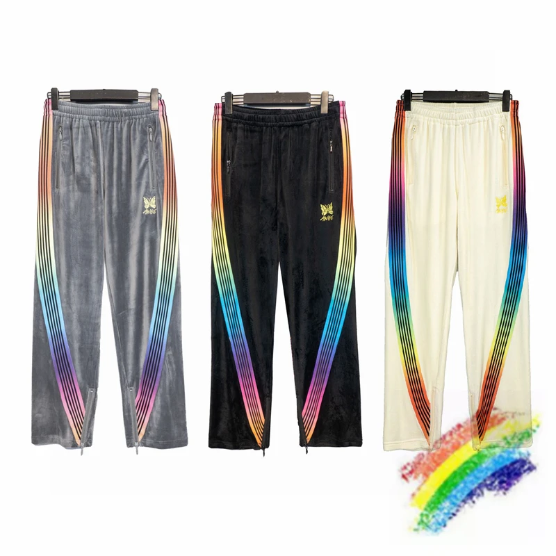 

Velvet AWGE Needles Sweatpants Men Women Butterfly Embroidered Needles Drawstring Track Pants Striped Webbing Trousers