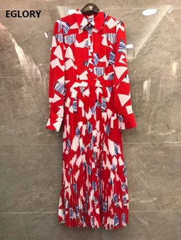 

Newest Fashion Style Dress 2020 Spring Women Turn-down Collar Geometric Prints Long Sleeve Mid-Calf Red Green Dress Pleated