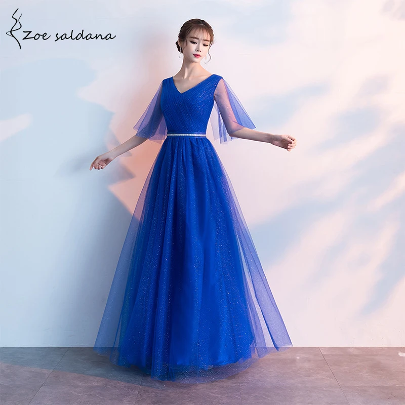 

Zoe Saldana Bridesmaid Party Dresses Vintage tulle half sleeve v-neck Sparkly Wedding Banquet Dress Evening Formal Prom Gowns