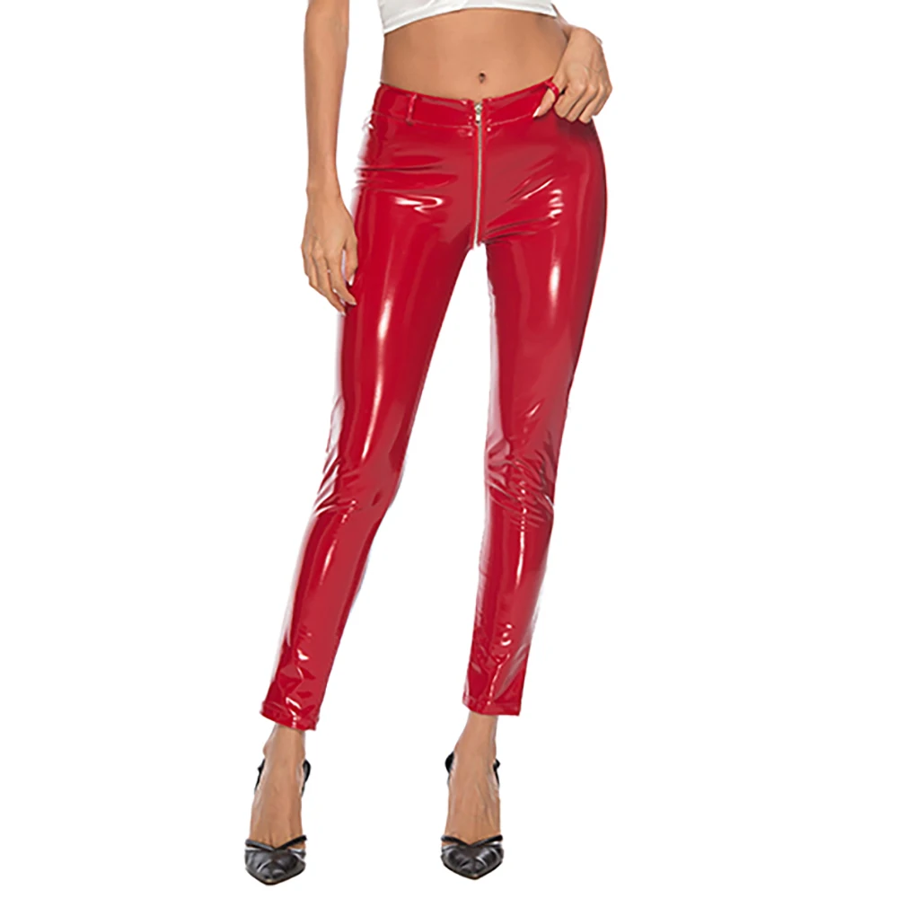 

Plus Size PU Faux Leather Leggings Shiny Skinny Pants Women Low Waist Zipper to Crotch Wetlook PVC Latex Patent Pencil Trousers