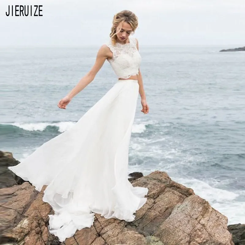 

JIERUIZE Beach Wedding Dresses O Neck Button Back Cheap Lace Chiffon Two Pieces A Line Bridal Gowns robe de mariee Bride Dresses