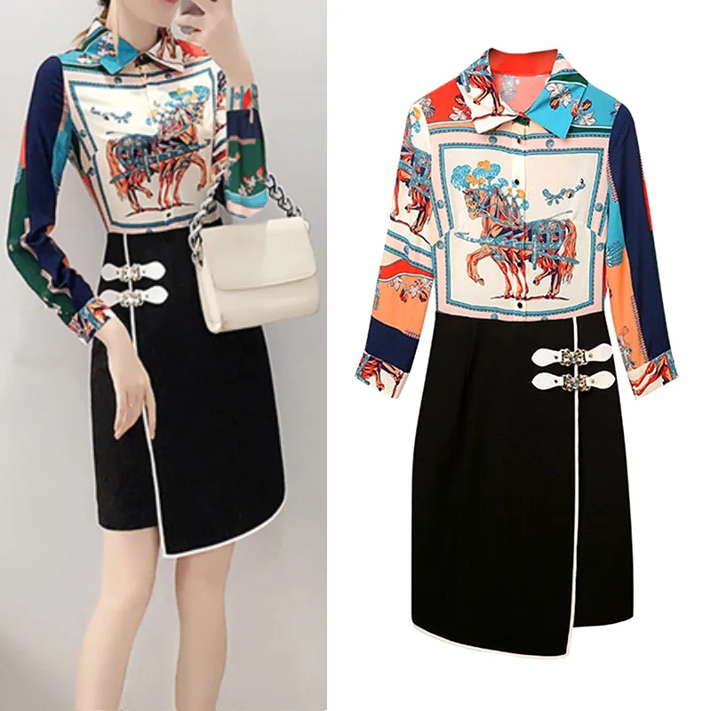 

Primavera otoño Vestido de manga larga Vestidos de mujer elegante vintage impreso Patchwork vestido de fiesta botones Vestidos NS166