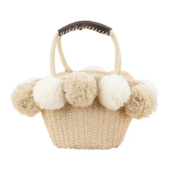 

Women's Fashion Ethnic Style Hand-woven Bag Cute Contrast Color Yarn Ball Straw Shoulder Bag Weave Satchel Straw Beach Wild Bag