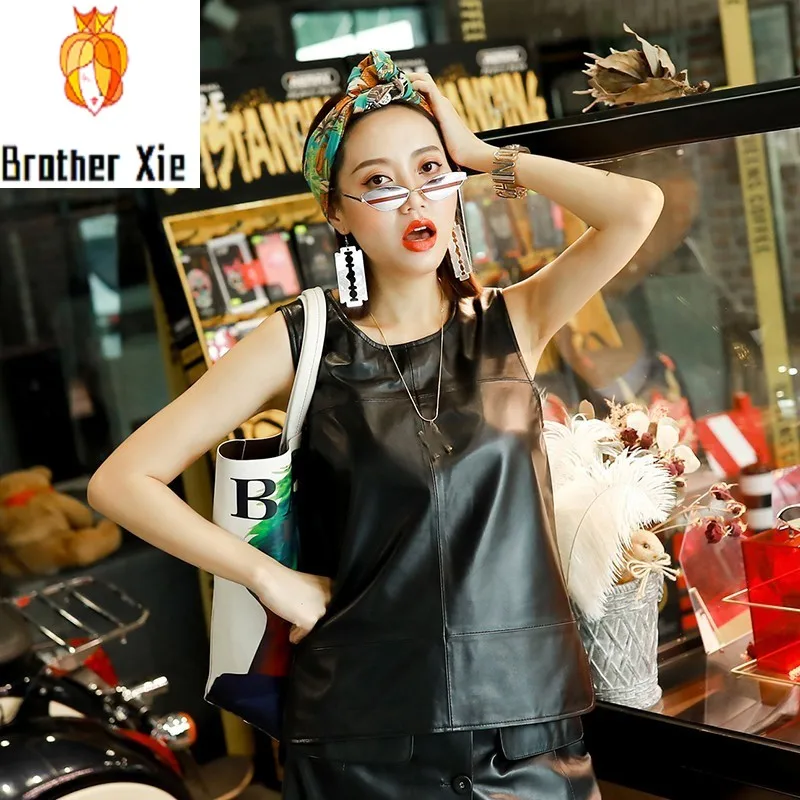 

Streetwear Fashion Sleeveless Slim Fit Women Genuine Leather Vests O-Neck Pullover Sheepskin Black Chalecos Para Mujer Plus Size
