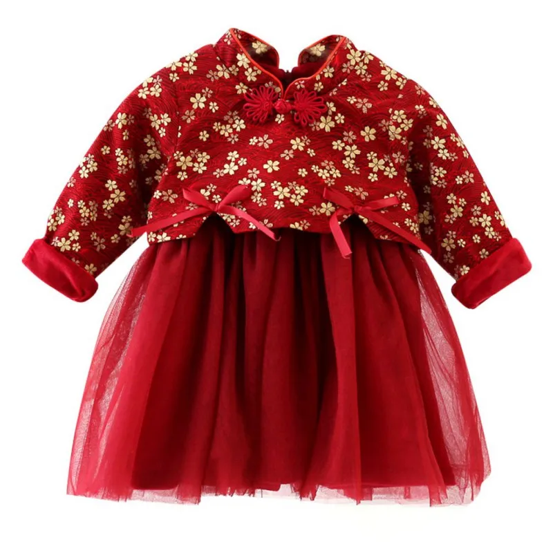 

Children Autumn Winter Girls New Year Mesh Stitching Plus Velvet chinese syle Embroidery Princess Long-Sleeved Sweet Dress