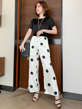 

Stylish Normcore Style Simple round Neckline T-shirt + High Waist Refreshing Polka Dot Straight-Leg Pants Suit Women's Fashion