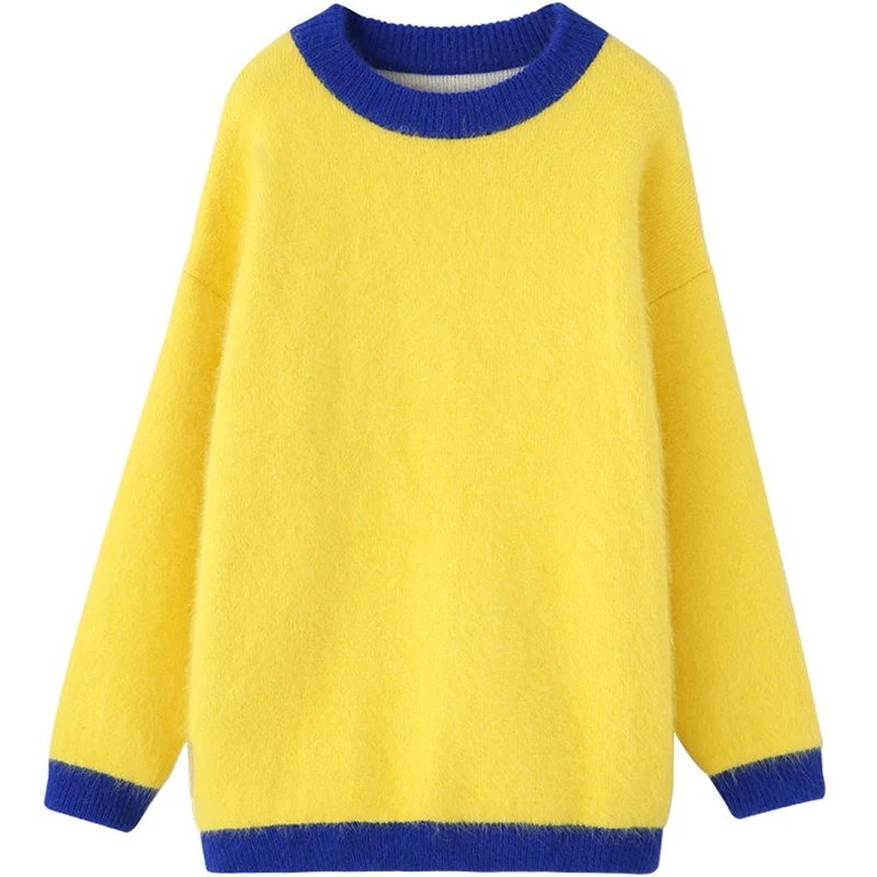 Синтетический норковый кашемировый свитер для женщин на осень и зиму контрастный цвет Ленивый Oaf пушистый теплый пуловер свитера вязаный трикотаж mujer