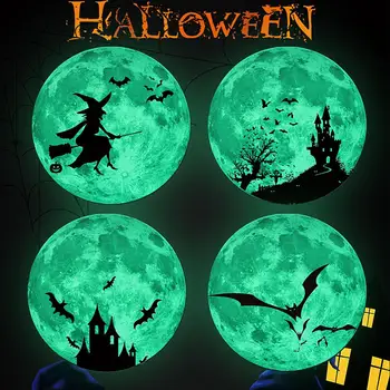 

30cm Round Halloween Moon Castle Bats Fluorescent Glow in Dark Luminous Wall Stickers For Kids Room Decor Art Decals Wallpaper